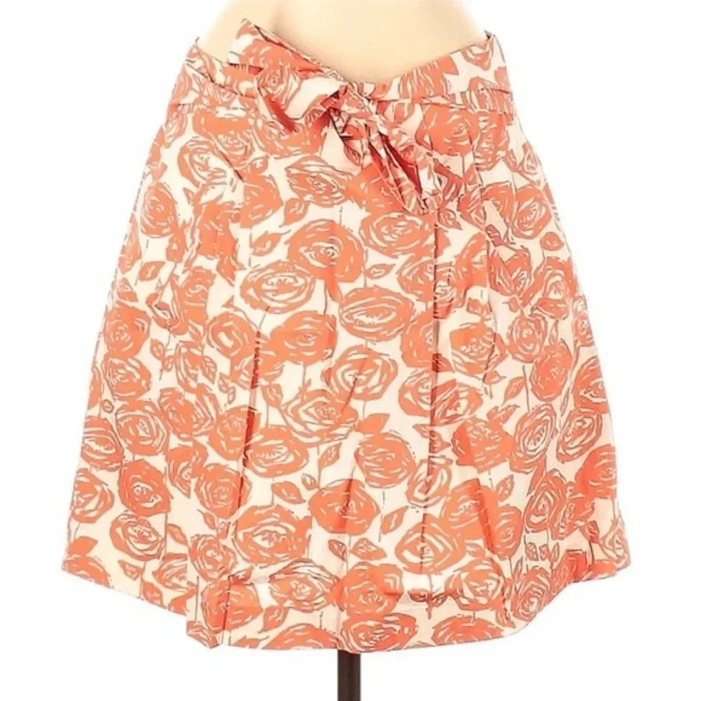 J. Crew A Line Skirt Orange Rosita Rose Garden Floral Pleated Bow Pocket Size 6
